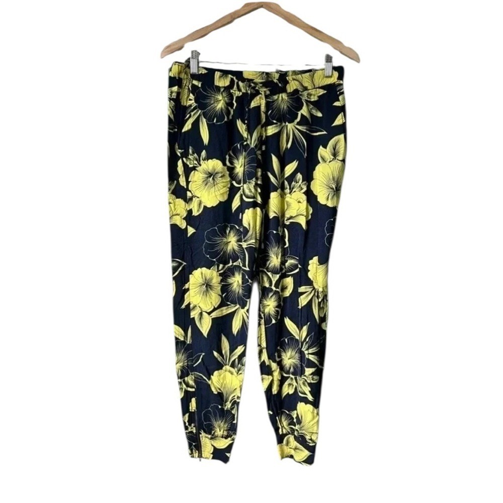 Stylus Floral Jogger Pants Womens Medium Navy Blue Yellow